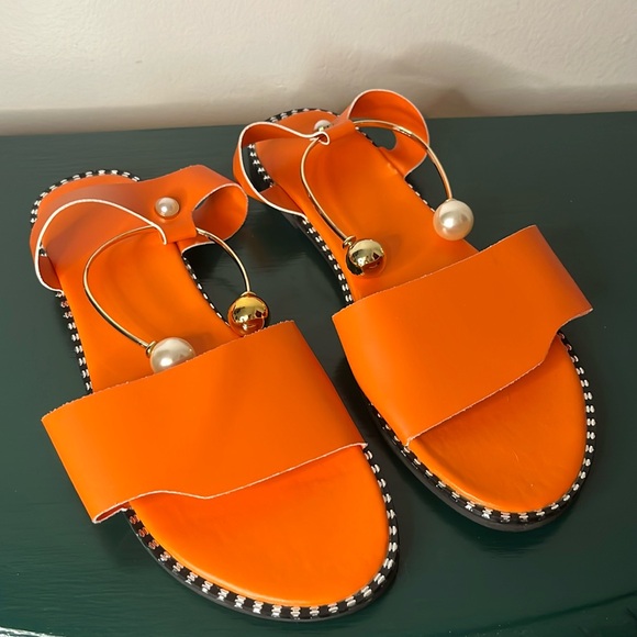 Shoes - Orange Gold & Peal Bead Ankle Cuff Flat Sandals Size: 42
